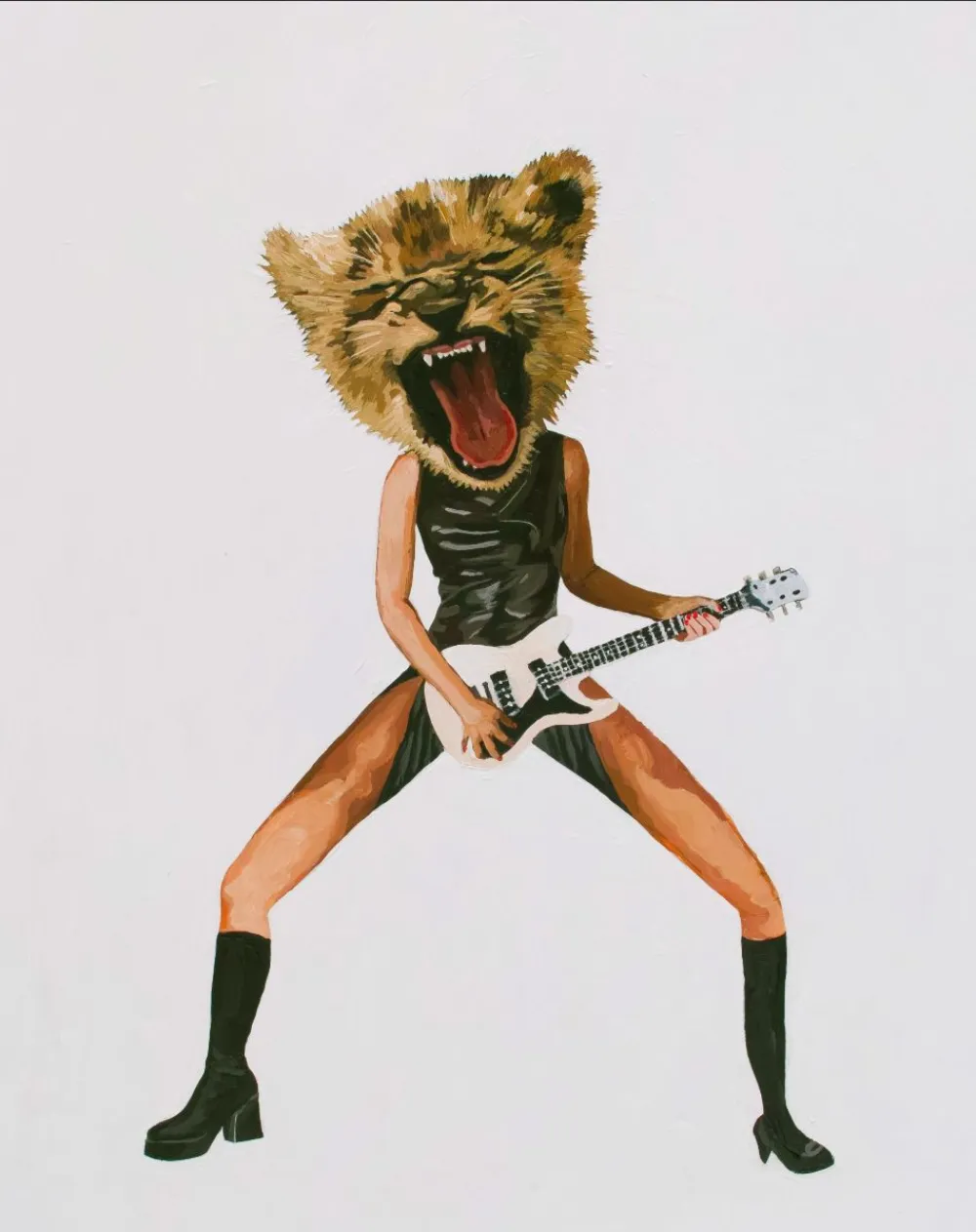 acrylic painting of a person wearing a form-fitting black dress and black knee-high boots playing a white electric guitar. the figure's large head is a cheetah with it's eyes squinted and tongue sticking out.