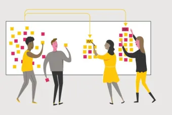 Graphic depiction of a group of people affinity mapping on a white board