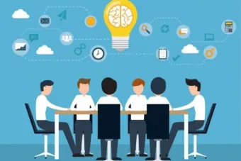 Graphic of coworkers brainstorming at a board meeting