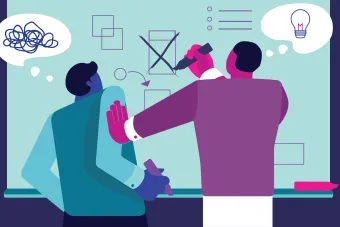 Illustration of two coworkers brainstorming at a white board