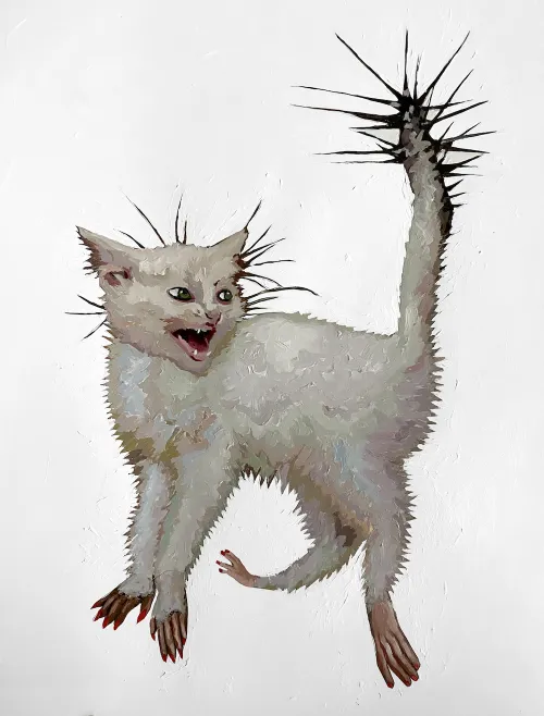 Original painting by AET professor Yuliya Lanina, Cactus, portraying a white cat with humanoid hands and feet and prickly cactus-like tail. The cat's mouth is open with an upset expression, as if in response to an unwelcome surprise