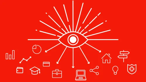 Illustration of an eye looking at symbols representing different industries