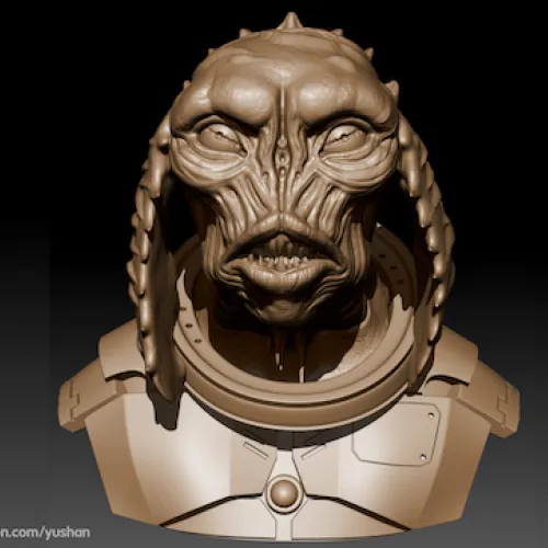 3D sculpted sea monster wearing a diving helmet and armor by Yushan Sha