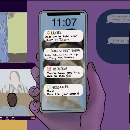 Still image from Time Passing Through, depicting several screens scrolling through social media.