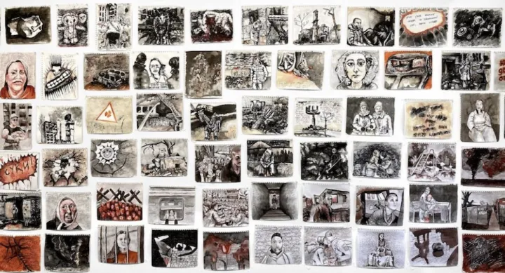 A collage of Yuliya Lanina’s “Guts,” a series of pen-and-ink drawings on paper in black, white, and gray, but also tinged, and sometimes soaked or splashed, with red—blood, anger, tears.