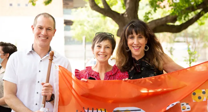 From left to right: Arts and Entertainment Technologies Department Chair Michael Baker, Design Department Chair Kate Canales, and Assistant Dean Doreen Lorenzo at Graduation in 2021