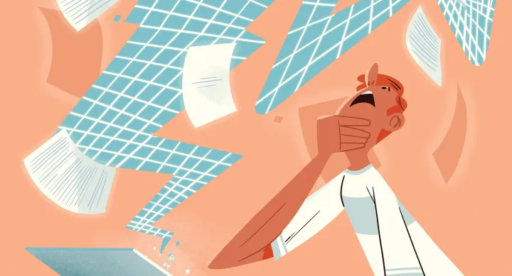Illustration of a surprised college student holding a laptop with a digital version of himself coming out of the screen along with loose papers