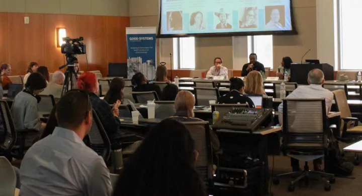 Panelist Andrew Augustin speaks at the Good Systems Speaker Series round table discussing AI in entertainment and media at the Student Activity Center on February 21st