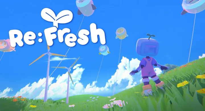 A stylized robot character with a plant sprout antenna walks through a bright meadow with wind turbines and floating drones under a vivid blue sky. The title “Re:Fresh” appears above.